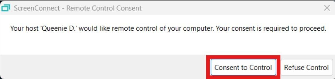 Remote control consent dialog